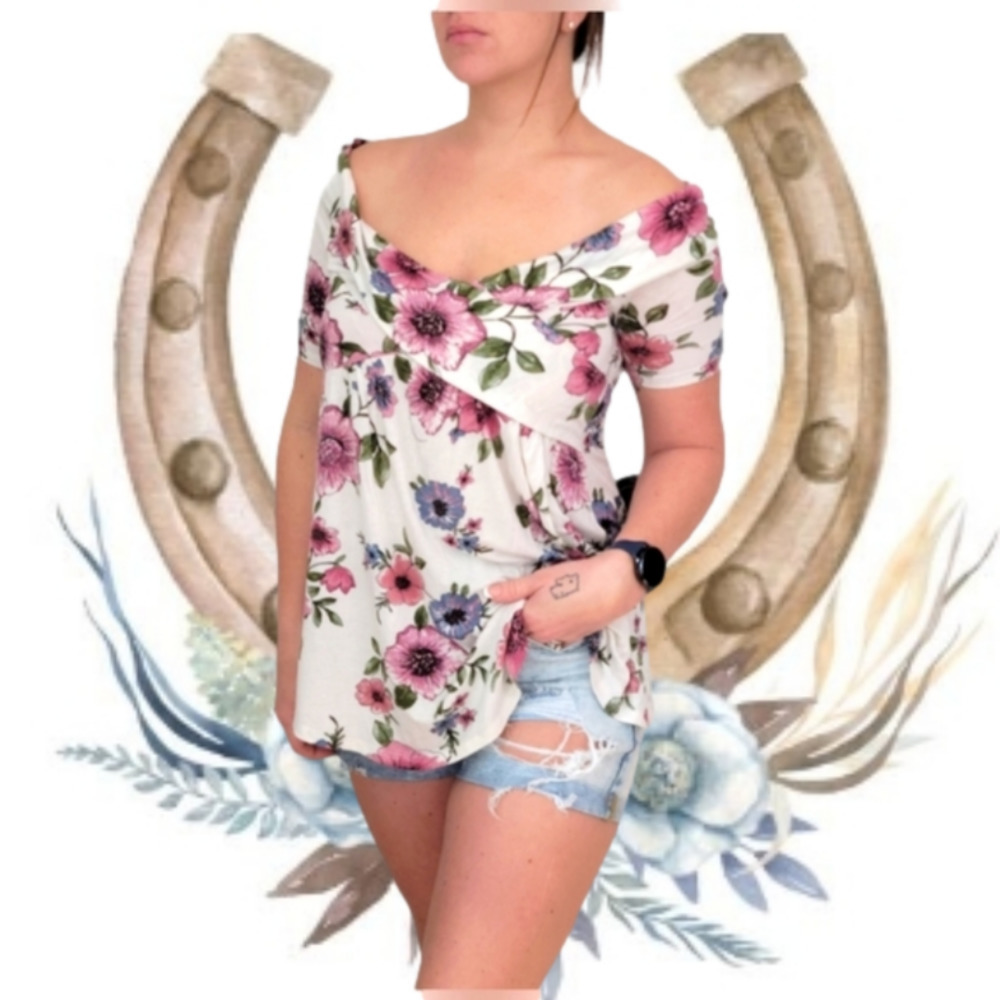 Rustic Rack Pink Off The Shoulder Flower Top, Size  Woman's Small